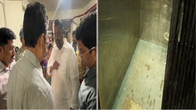 People gather near a damaged hospital lift in Karimnagar after Telangana Minister Adluri Laxman escaped with minor injuries following a lift mishap.