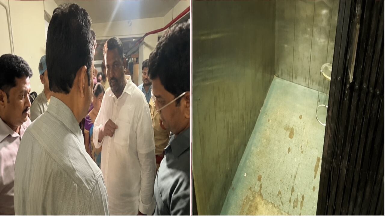 People gather near a damaged hospital lift in Karimnagar after Telangana Minister Adluri Laxman escaped with minor injuries following a lift mishap.