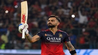 Virat Kohli lifts his bat during a match winning innings as Royal Challengers Bengaluru defeated Kolkata Knight Riders in a major IPL 2026 clash.