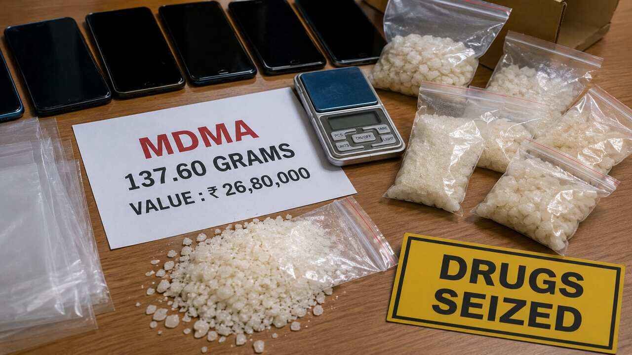 MDMA packets, mobile phones and weighing machine seized by Hyderabad police in the Mehdipatnam drug racket case