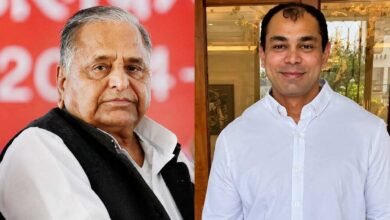 Side by side collage of Mulayam Singh Yadav and Prateek Yadav during different public appearances.
