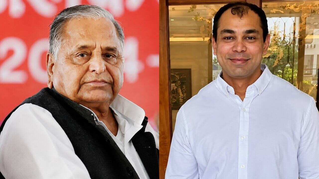 Side by side collage of Mulayam Singh Yadav and Prateek Yadav during different public appearances.