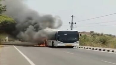 Private Bus Catches Fire on ORR Service Road Near Hyderabad