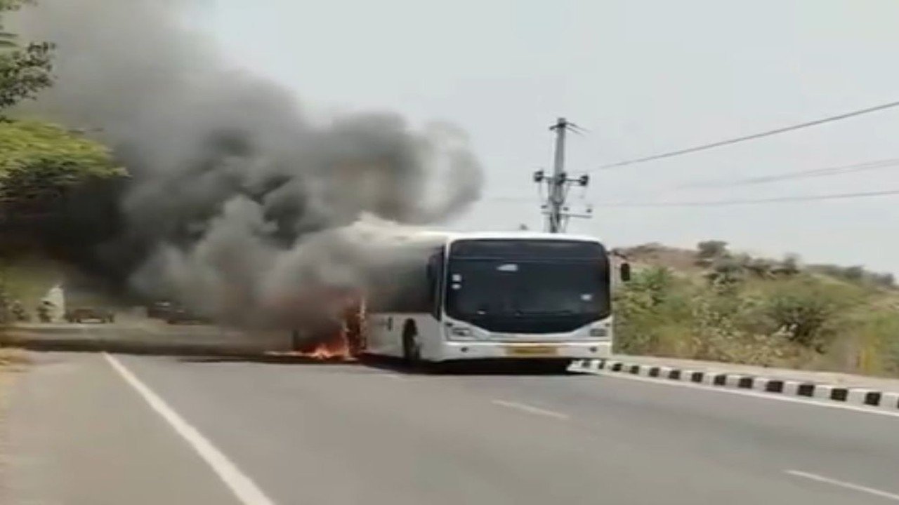 Private Bus Catches Fire on ORR Service Road Near Hyderabad