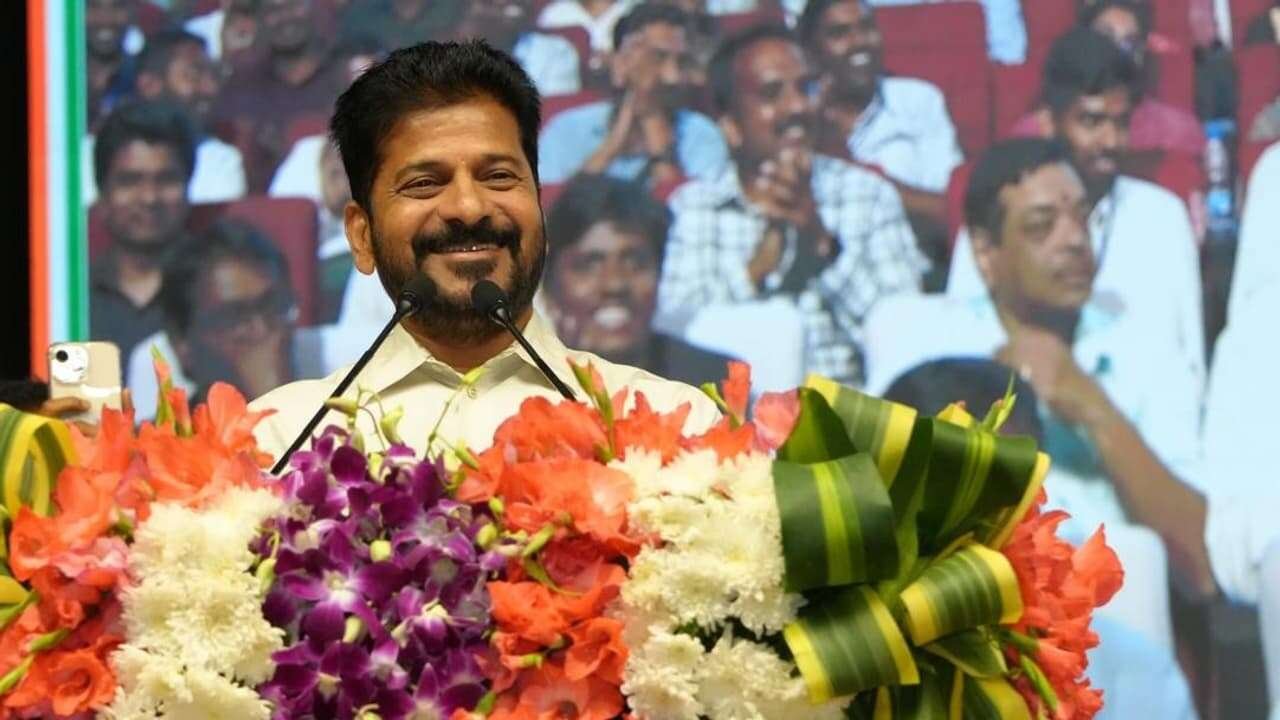 Telangana Chief Minister Revanth Reddy addressing Education Week event while announcing higher education budget and nursery to Class XII government school reforms