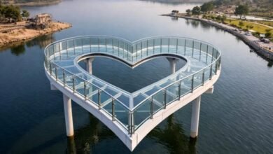 Heart shaped glass bridge under construction at Ellamma Lake in Siddipet as part of Telangana tourism development and beautification works.