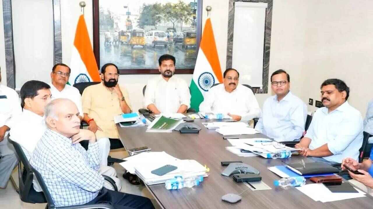 Telangana officials reviewing paddy and maize procurement during a government meeting led by CM Revanth Reddy