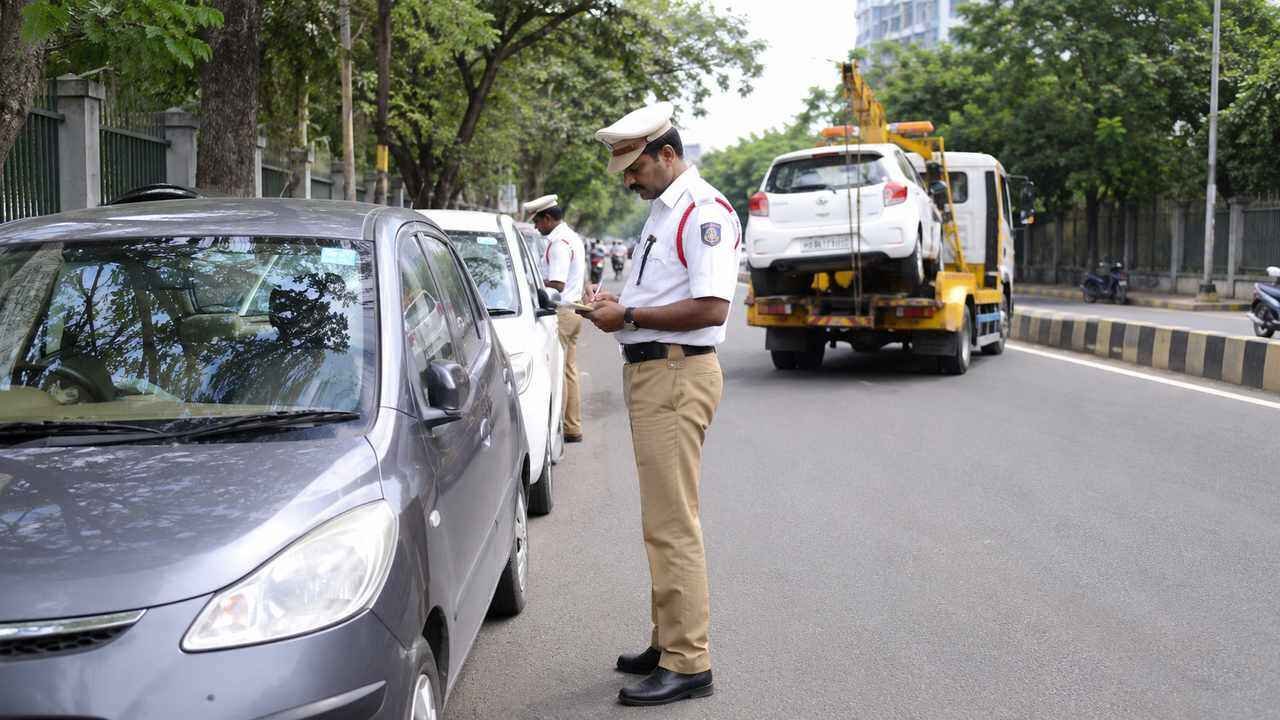 Traffic police monitoring illegally parked vehicles on roadside areas in Telangana under proposed new parking regulations