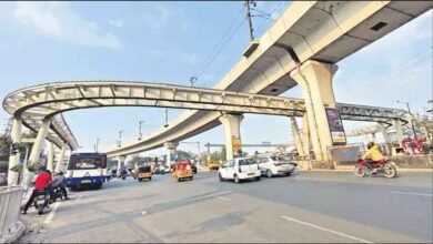 Traffic diversions and construction activity underway at Uppal crossroads during elevated corridor pillar works in Hyderabad