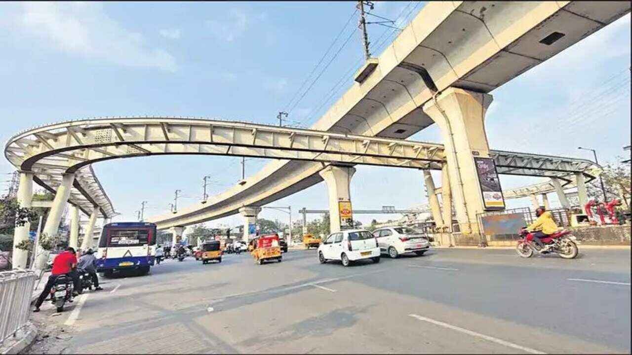 Traffic diversions and construction activity underway at Uppal crossroads during elevated corridor pillar works in Hyderabad