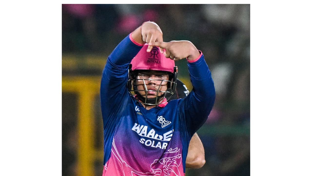 Vaibhav Suryavanshi celebrating during Rajasthan Royals match after scoring a quick half century against Lucknow Super Giants