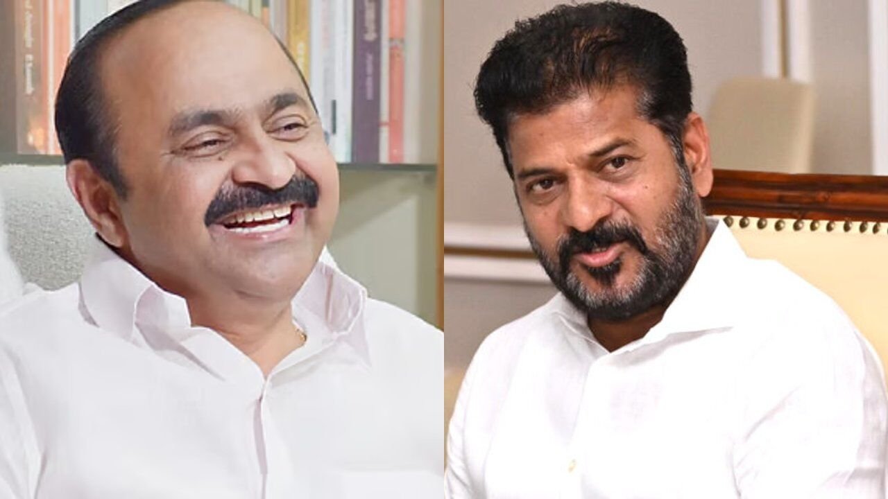 VD Satheesan during the Kerala Chief Minister swearing in ceremony attended by Congress leaders, ministers, and Telangana Chief Minister Revanth Reddy in Thiruvananthapuram.