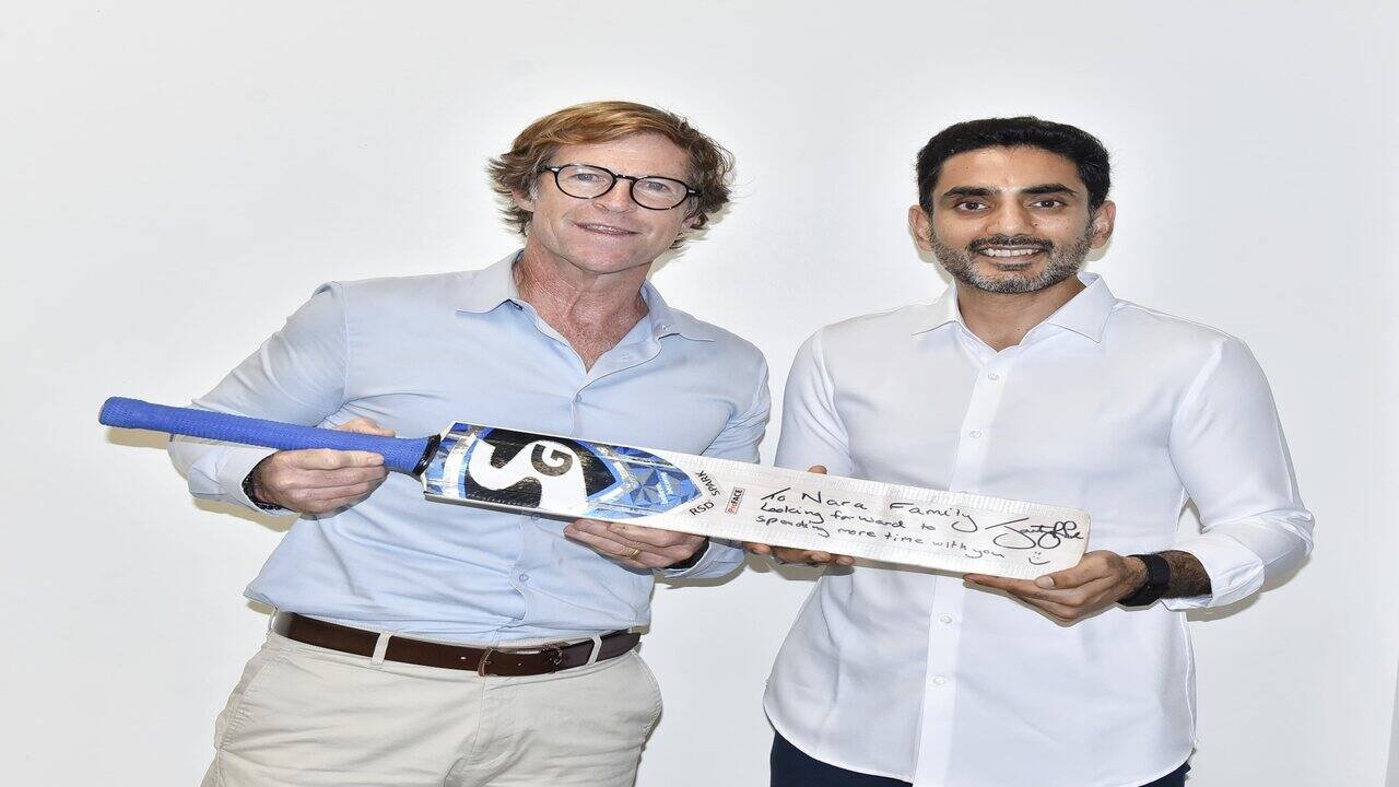 Nara Lokesh and Jonty Rhodes during a meeting focused on sports development and youth empowerment in Andhra Pradesh
