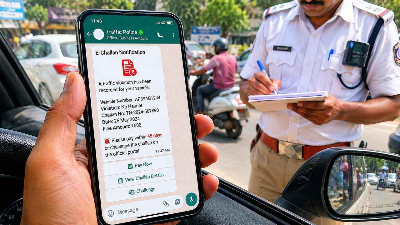 A motorist checking a traffic challan notification received on WhatsApp while traffic enforcement officials monitor violations under the new digital e challan system