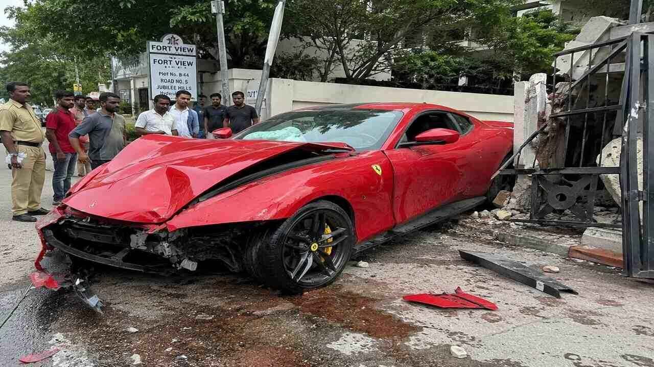 Luxury Ferrari Crashes Into Apartment Gate in Hyderabad Jubilee Hills Occupants Flee Scene