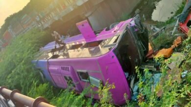 Anantapur Road Accident as Travel Bus and Eicher Vehicle Fall From Bridge