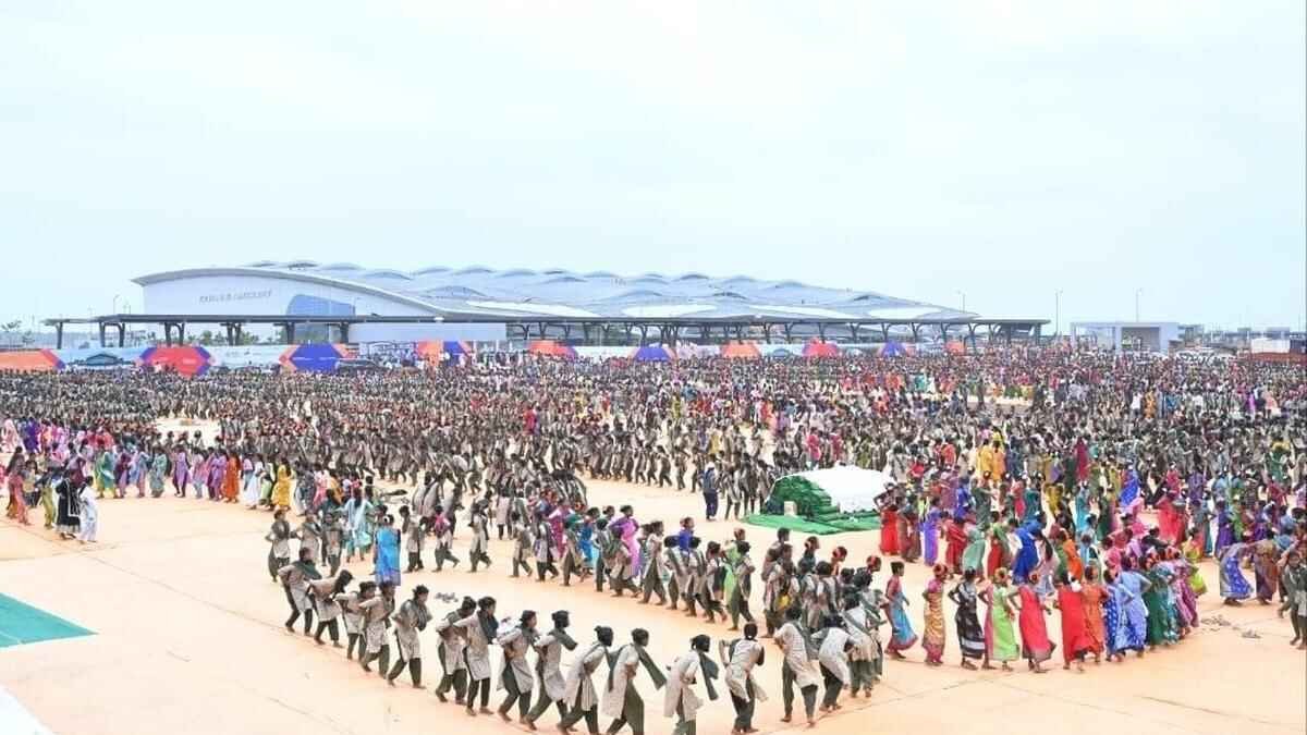 Massive crowds gather at Bhogapuram International Airport for the inauguration ceremony with thousands arriving from across Andhra Pradesh